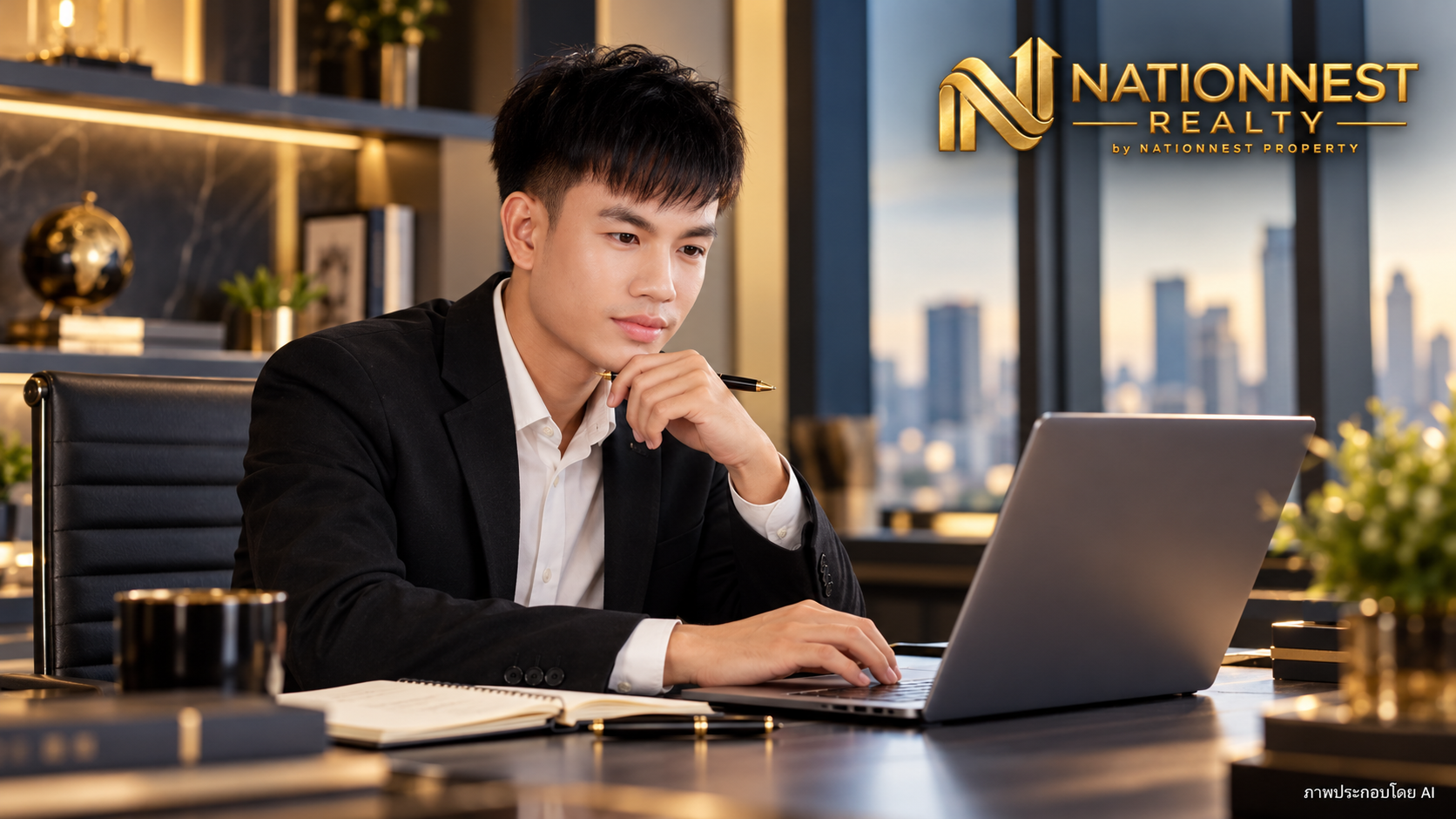 พีทพิจารณารูปแบบเว็บไซต์ในฉากสำนักงานจำลองเพื่อประกอบเรื่องราวผู้ก่อตั้ง
