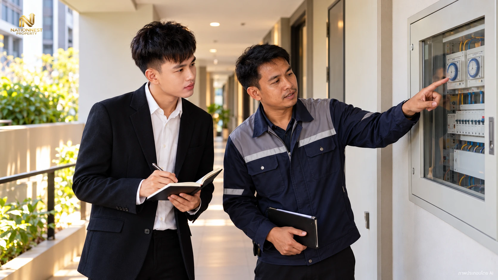 พีทและหัวหน้าช่างตรวจการใช้งานไฟส่วนกลางเพื่อประเมินต้นทุน