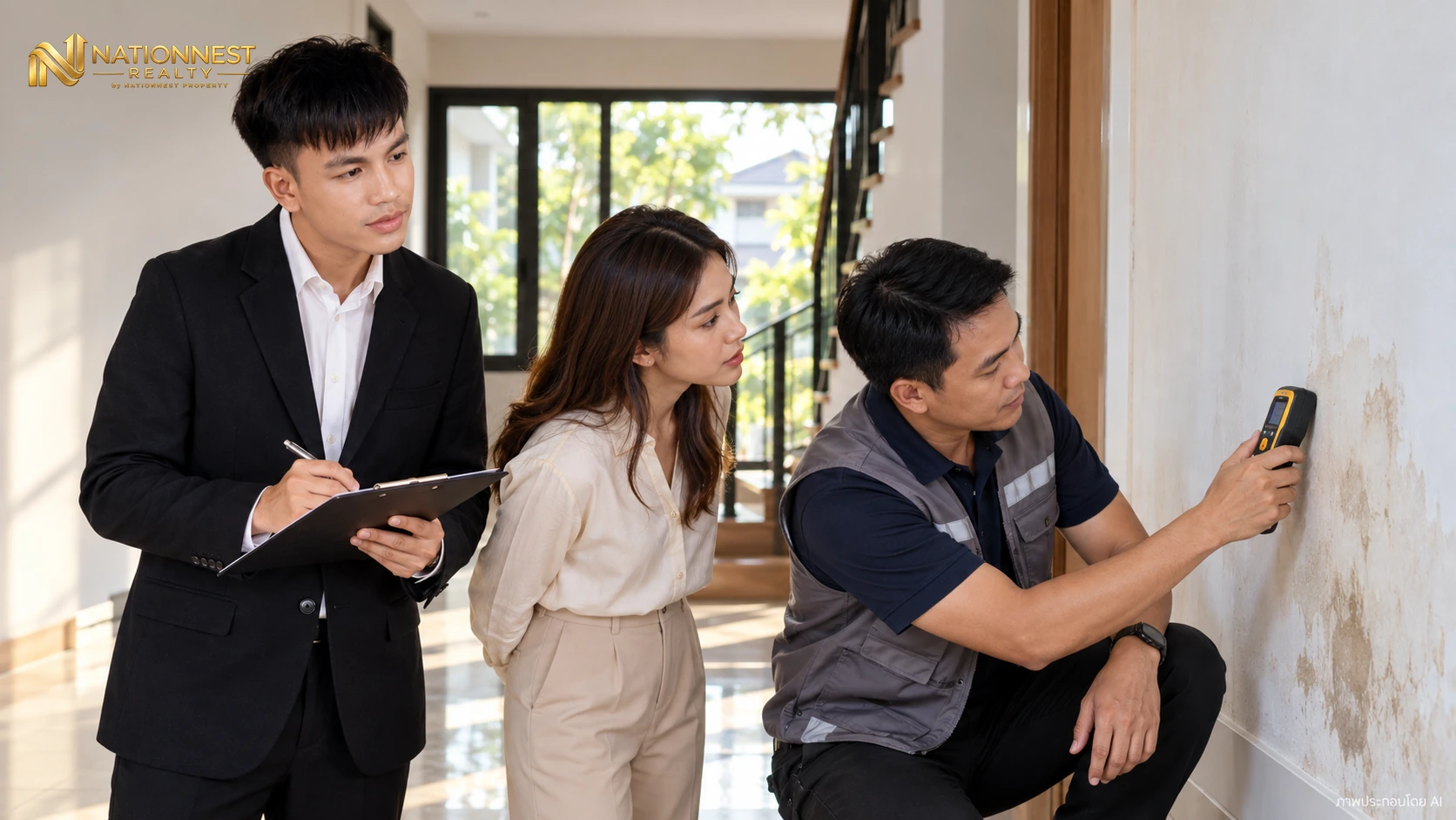 พีทบันทึกผลขณะผู้ตรวจบ้านตรวจรอยชื้นกับผู้ซื้อ