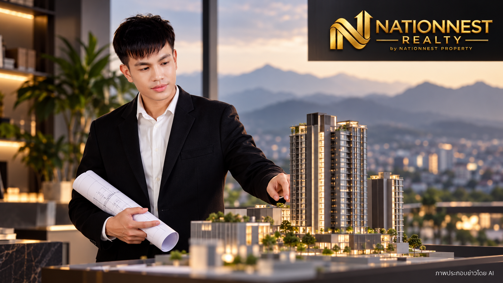 พีทพิจารณาแบบจำลองอาคารสูงในฉากแนวคิดเมืองเหนือ ไม่ใช่แบบโครงการจริง