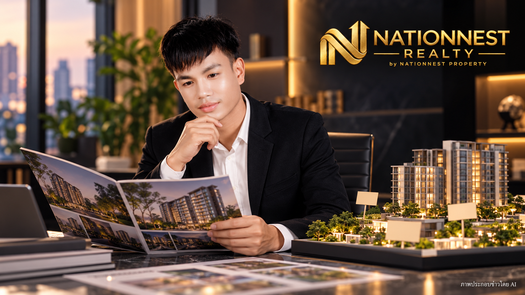 พีทพิจารณารายการขายและแบบจำลองคอนโดในฉากสตูดิโอเชิงแนวคิด